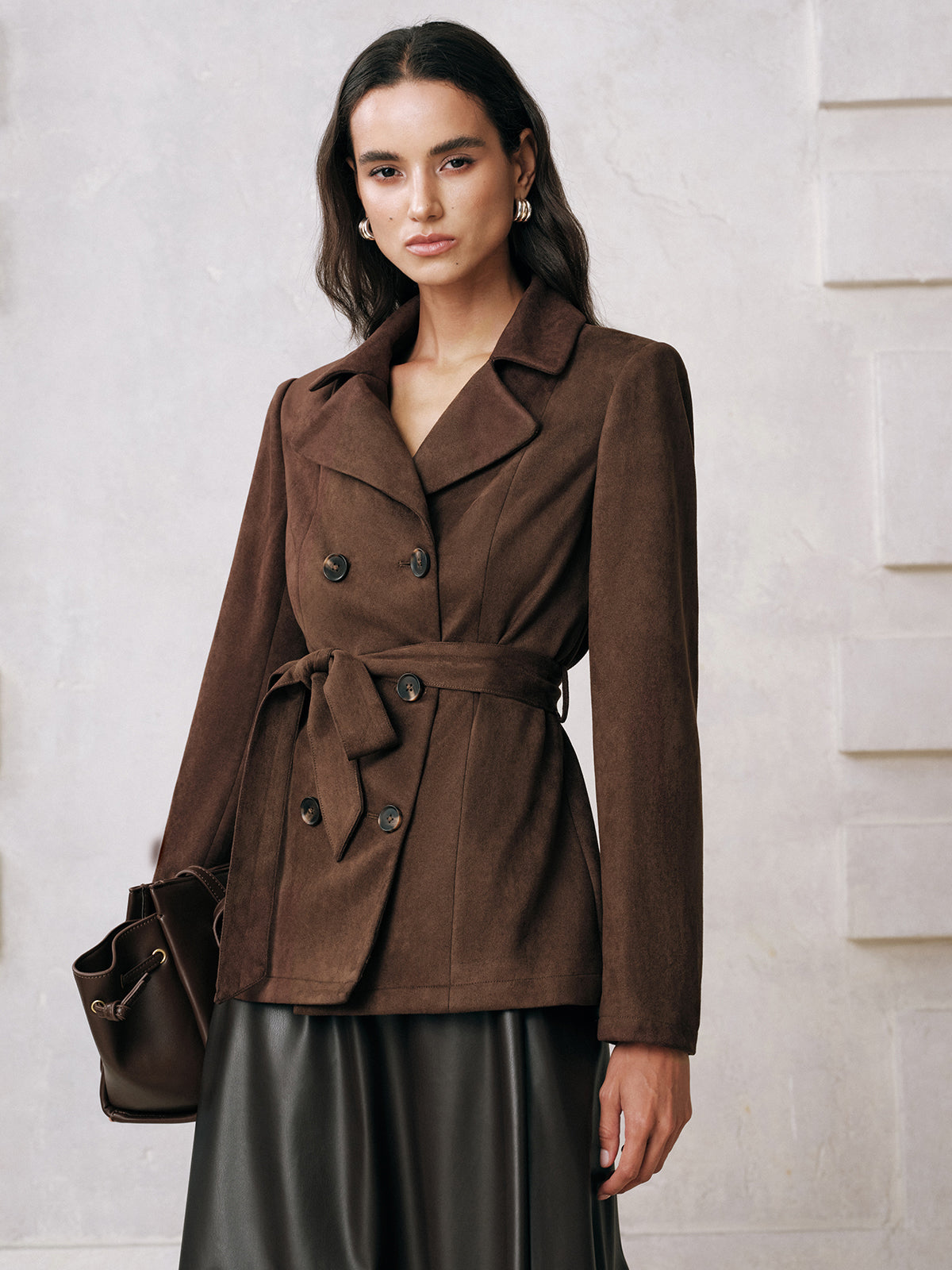 Belted Double-Breasted Suede Jacket