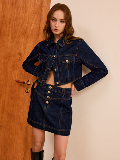 Metal Button Cropped Denim Jacket
