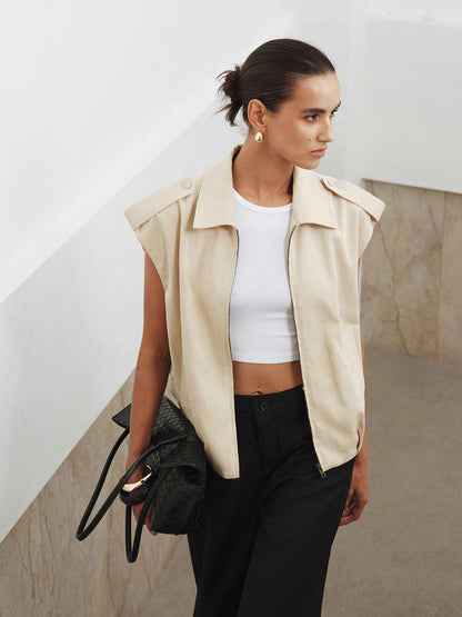 Collared Cap Sleeve Zip-Up Vest