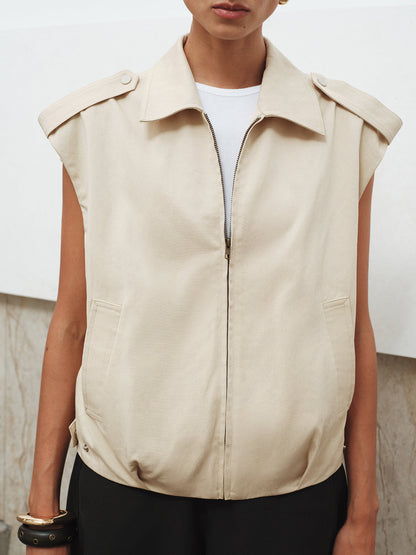 Collared Cap Sleeve Zip-Up Vest