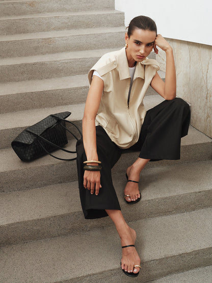 Collared Cap Sleeve Zip-Up Vest
