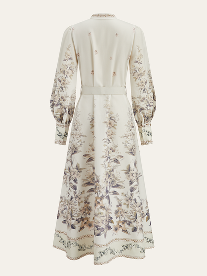 Floral Print Stand Collar Belted Midi Dress