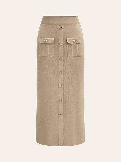 Metal Button Collared Cardigan and Midi Skirt Set