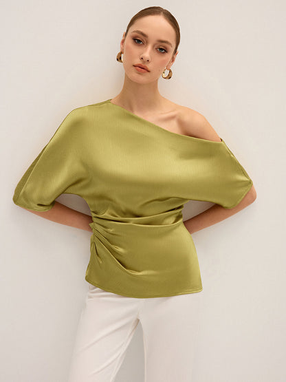Satin One-Shoulder Ruched Top