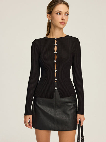 Metal Detail Cut-Out Ribbed Knit Top
