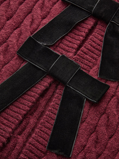 Velvet Bow Cable Knit Cardigan