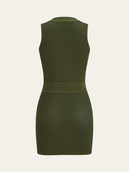 Sleeveless Textured Buttoned Fitted Sweater Dress