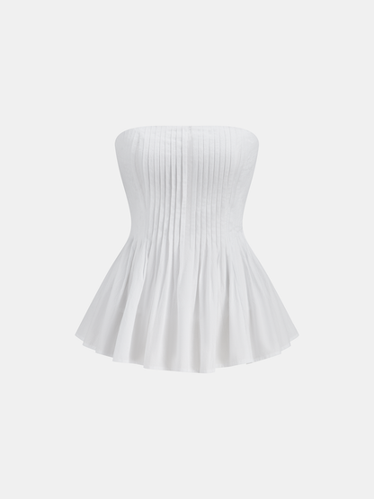 Cotton Pleated Strapless Peplum Top
