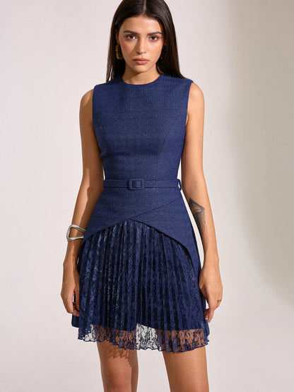 Belted Pleated Lace Mini Dress
