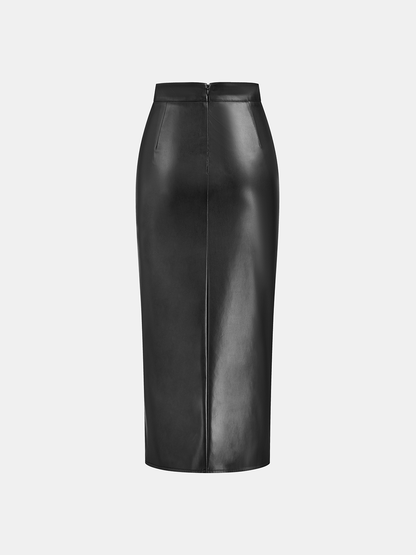 Ruched Slit PU Leather Midi Skirt