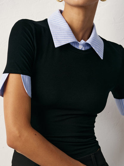 2 in 1 Paneled Collar And Cuffs Fitted T-Shirt