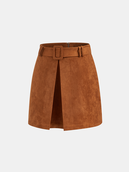 Suede Belted Split Mini Skirt