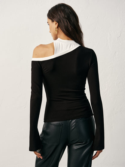 Color Block Asymmetric Cut-Out Long Sleeve T-Shirt