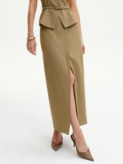 Pinstripe Slit Midi Skirt
