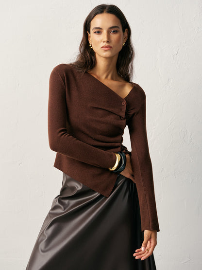 Wool Blend Asymmetric Ruched Side-Button Cardigan