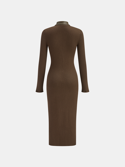 Shirt Collar Faux Leather Panel Ribbed Midi Dress