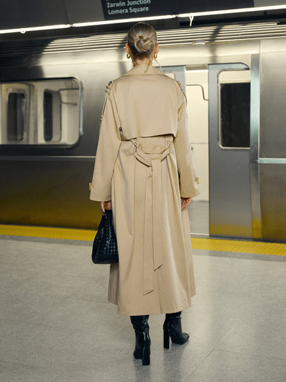 Cotton-Blend Double-Breasted Belted Long Trench Coat