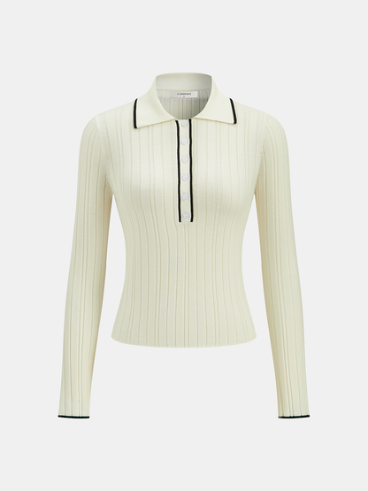 Contrast Trim Wool Blend Polo Neck Sweater
