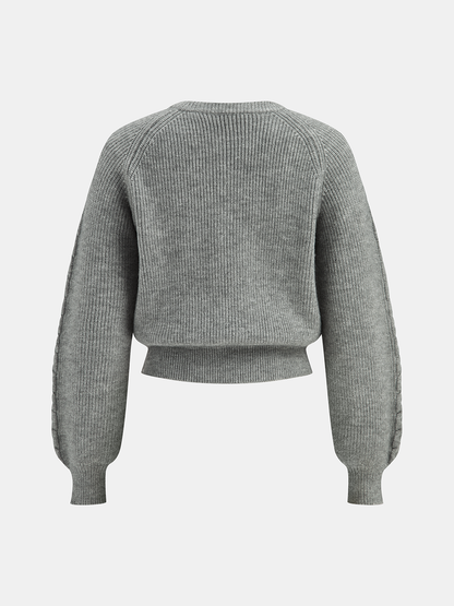 Cable Knit V-neck Puff Sleeve Sweater