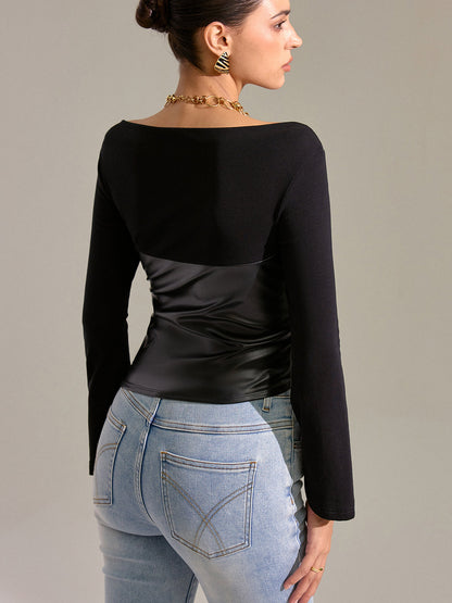 Flared Sleeve Faux Leather Panel Knit Top