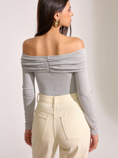 Off-Shoulder Ruched Long Sleeve T-Shirt