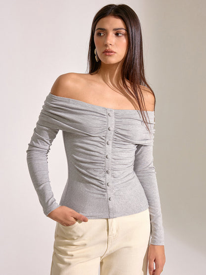 Off-Shoulder Ruched Long Sleeve T-Shirt