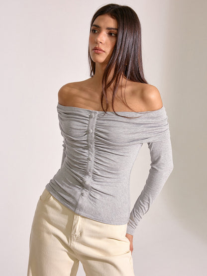 Off-Shoulder Ruched Long Sleeve T-Shirt