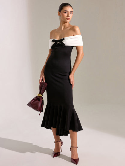 Bow Off-Shoulder Mermaid Midi Dress