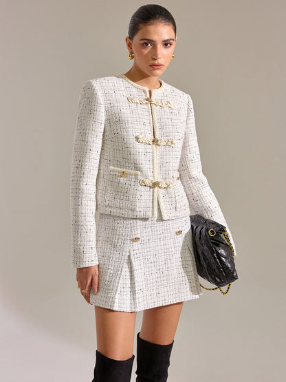 Metal Detail Knot Button Tweed Jacket
