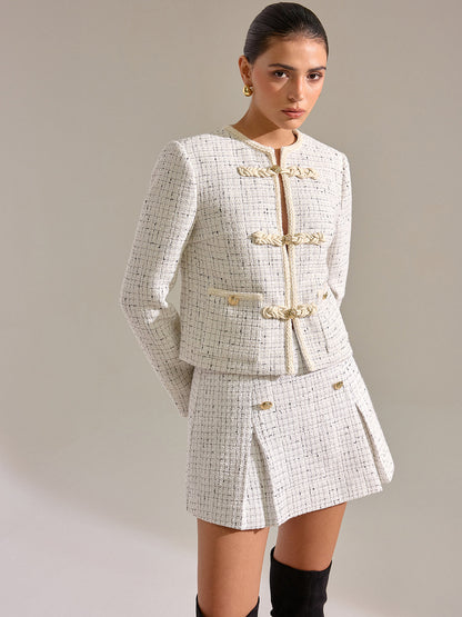 Metal Detail Knot Button Tweed Jacket