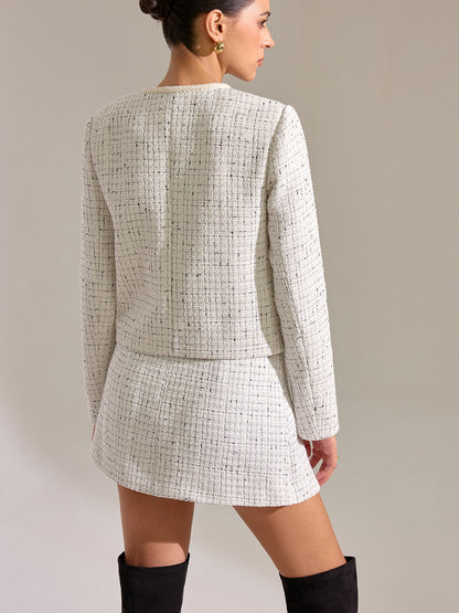Metal Detail Knot Button Tweed Jacket