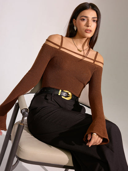 Flared Cuff Wool Blend Off-Shoulder Knit Top