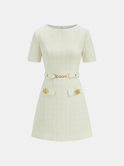 Metal Detail Tweed Belted Mini Dress