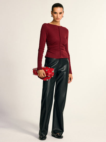 Wool Blend Ruched Long Sleeve T-Shirt