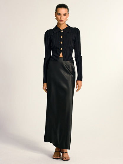 Metal Button Fitted Collared Knit Top