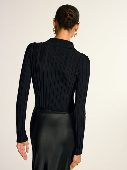 Metal Button Fitted Collared Knit Top