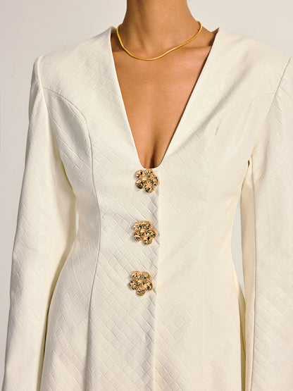 Floral Metal Button Faux Leather Mini Dress