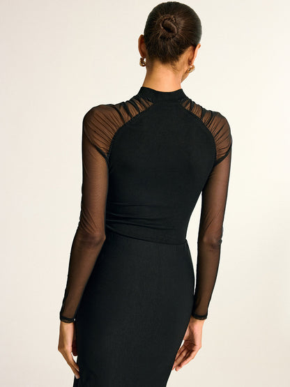 Stand Collar Sheer Sleeve Fitted Blouse