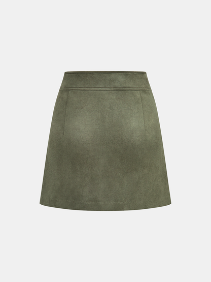 High-Waist Button Front Suede Mini Skirt
