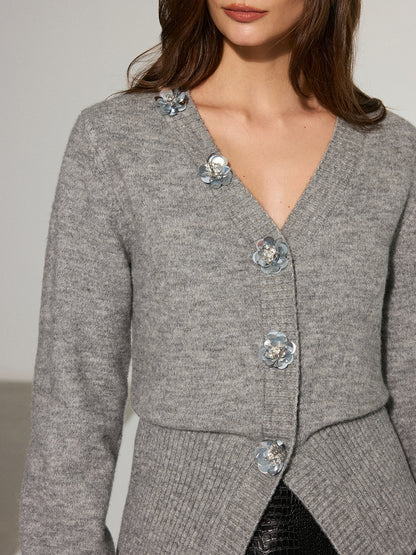 Wool Blend 3D Sequins Floral Cardigan