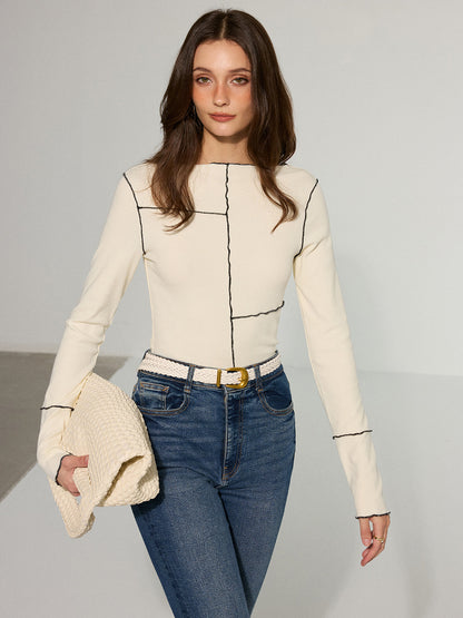 Contrast Stitching Fitted Knit Top