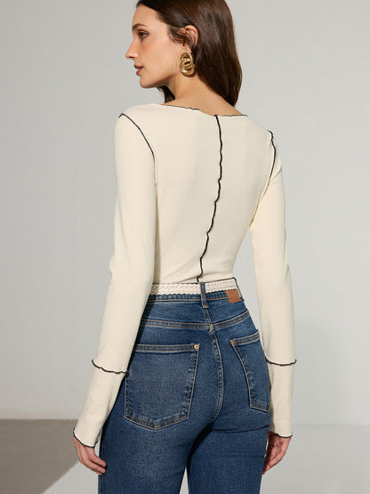 Contrast Stitching Fitted Knit Top