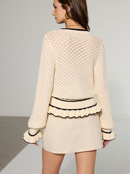 Textured Contrast Ruffled Hem Open-Knit Sweater