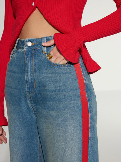 Contrast Side Striped Wide-Leg Jeans