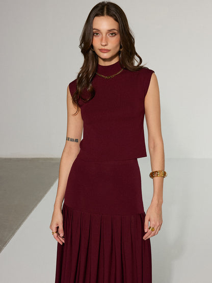 Mock Neck Sleeveless Top and Pleated Midi Skirt Set