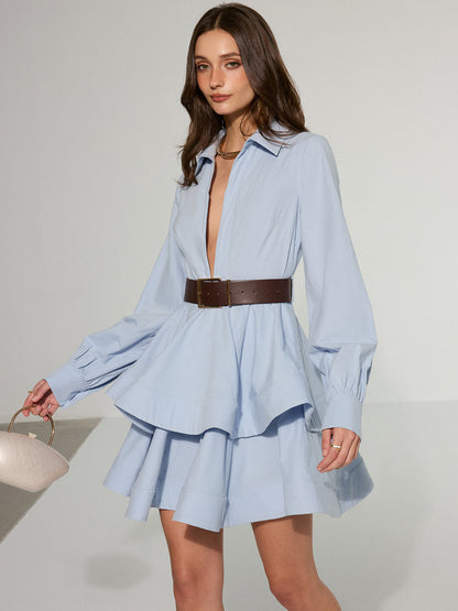 Belted Zip-From Cotton Tiered Shirt Dress
