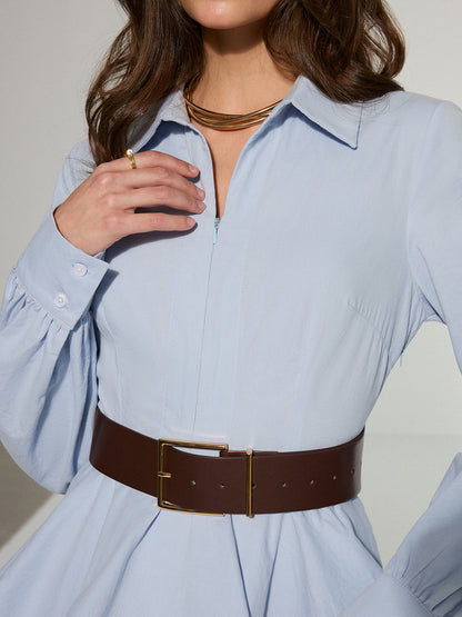Belted Zip-From Cotton Tiered Shirt Dress