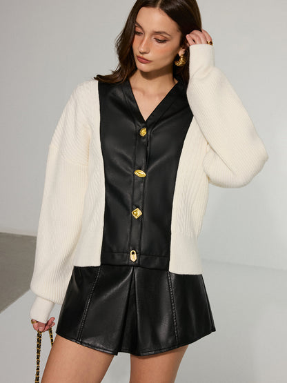 Leather Patchwork Button Down Cardigan