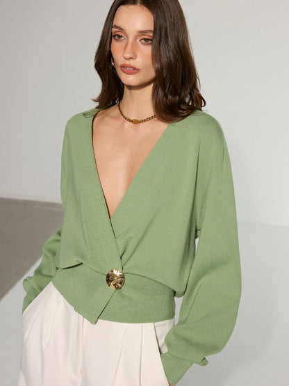 Metal Decor Waisted Knitted Wrap Cardigan