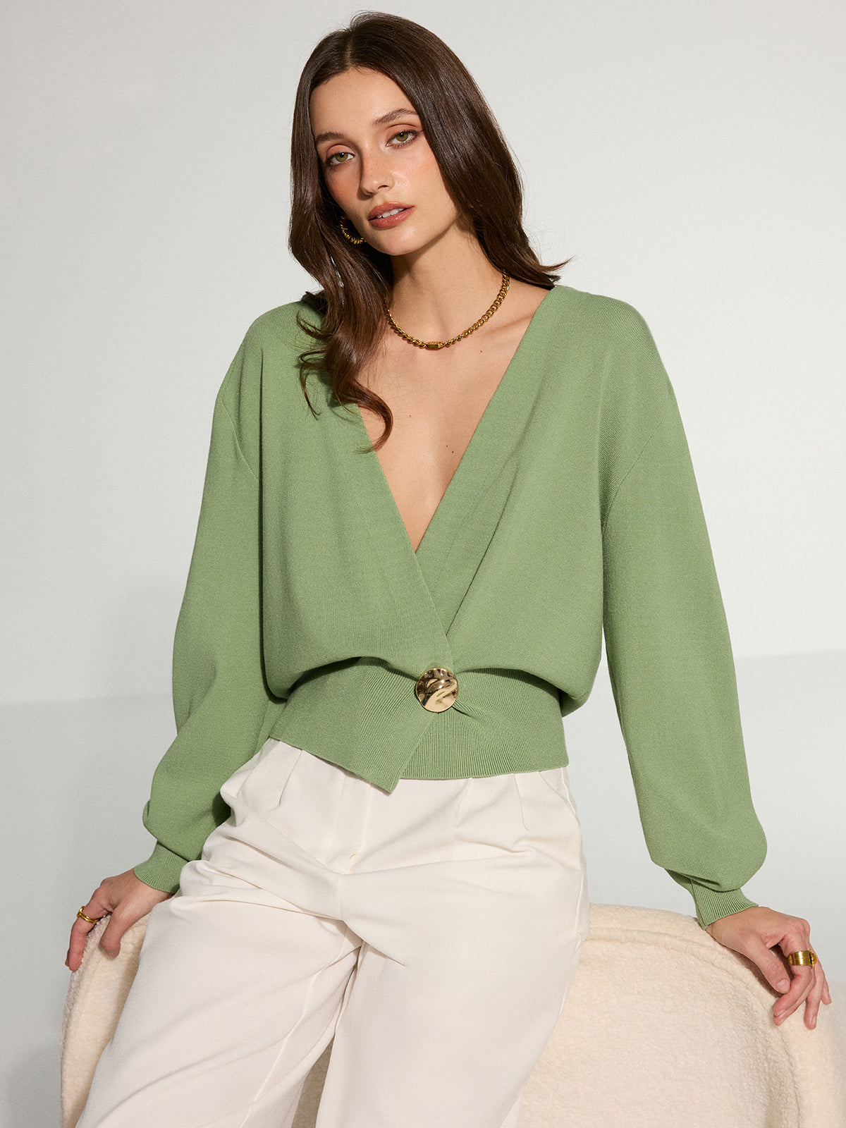 Metal Decor Waisted Knitted Wrap Cardigan